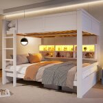 Lit superpos 160x200 cm avec 6 armoires de rangement et clairage led lit mezzanine avec sommier  lattes ...