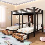 Lit superpos� 3 places 140x200 + 90x200 cm avec barri�res rangements 2 tiroirs et �tag�res noir
