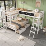 Lit superposé 3 places pour enfant avec tiroirs de rangement bureau et Étagèretableau à dessin blanc ... Lit superposé 3 places pour enfant avec tiroirs de rangement bureau et Étagèretableau à dessin blanc ...