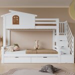 Lit superposé 90 / 120 x 200 cm lit en bois avec fenêtres et escalier basculant et 2 tiroirs cadre de ... Lit superposé 90 / 120 x 200 cm lit en bois avec fenêtres et escalier basculant et 2 tiroirs cadre de ...