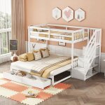 Lit superpos 90 x 200 cm lit gigogne marchepieds escamotables deux tiroirs pin sans matelas blanc