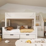 Lit superpos� 90 x 200 (enfant) + 140 x 200 (adulte) escalier armoire 2 tiroirs roulants bois et m�tal ...