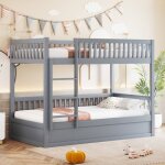 Lit superpos� 90x200 cm en bois massif gris coffre � v�rins marches de s�curit� ? design �pur� pour enfants ...