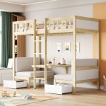 Lit superposé 90x200 cm - avec bureau et 2 tiroirs - avec échelle - en bois massif - naturel + blanc ... Lit superposé 90x200 cm - avec bureau et 2 tiroirs - avec échelle - en bois massif - naturel + blanc ...