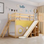 Lit superpos� 90x200 cm lit enfant avec rideau de lit toboggan et �tag�re lit en bois avec escalier et ...