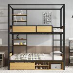 Lit superpos� 90x200 cm - avec �tag�re - avec 1 tiroir et compartiment de rangement - m�tal + mdf - noir ...