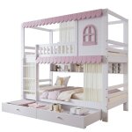 Lit superpos� 90x200 cm en pin et mdf blanc / rose fen�tres et rideaux tiroirs et �tag�res s�curit� en ...