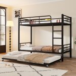 Lit superpos� 90x200 cm + tiroir 90x190 cm en m�tal noir � 4 barri�res de s�curit� � �chelle 3 marches ...