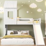 Lit superpos� - 90x200cm / 140x200cm - 3 places - avec toboggan - en pin et mdf - blanc