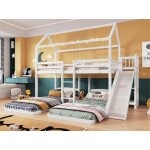 Lit superpos 90x200cm - marque - 3 places - bois de pin et mdf - blanc - avec toboggan et tagres ouvertes ...