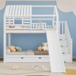 Lit superpos� cabane enfant 90x200 cm en pin blanc avec escalier et toboggan