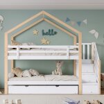 Lit superpos 90x200cm + lit cabane extensible 90x190cm - escalier 4 tiroirs cadre lattes naturel & blanc ...