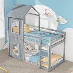 Lit superpos� cabane enfant 90x200 cm en pin massif gris ? sommier � lattes inclus charge 120 kg