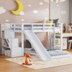 Lit superpos 90x200cm lit enfant avec toboggan et escaliers de rangement lit mezzanine 2 places lit ...