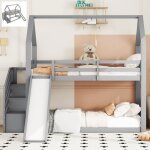 Lit superpos� 90x200cm - gris - avec toboggan et rangement - s�curis� pour enfants