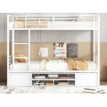 Lit superpos� 90x200cm - blanc - fer - armoire � chaussures - �chelle � trois marches - 2 places