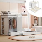 Lit superpos 90x200cm - blanc - lit enfant - avec lit gigogne - armoire intgre - tiroirs de rangement ...