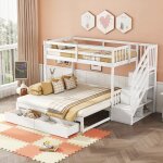 Lit superpos� 90 x 200 cm avec lit gigogne sommier � lattes marches escamotables et 2 tiroirs - pin blanc ...