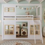 Lit superposé 90x200cm lit mezzanine enfant avec fenêtre escabeau en bois avec clôture à quatre côtés ... Lit superposé 90x200cm lit mezzanine enfant avec fenêtre escabeau en bois avec clôture à quatre côtés ...