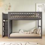 Lit superpos� bas 140 x 200 cm en bois gris avec rangement sommier inclus 2 places capacit� 120 kg