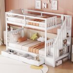 Lit superposé blanc avec escalier & 2 tiroirs - barrières anti - chute 35cm certifié en747 - 1 90x200cm ... Lit superposé blanc avec escalier & 2 tiroirs - barrières anti - chute 35cm certifié en747 - 1 90x200cm ...