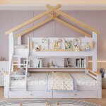 Lit superposé en bois 90 / 120 x 200 cm lit pour enfant avec design de toit tiroirs escalier sommier ... Lit superposé en bois 90 / 120 x 200 cm lit pour enfant avec design de toit tiroirs escalier sommier ...