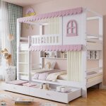 Lit superpos� en bois - 90x200 cm - avec 2 tiroirs et �tag�res - blanc & rose (avec rideaux)