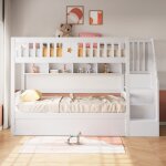 Lit superpos� - bois 90x200 - hydraulique sous - lit - escalier avec �tag�res - blanc 2 places