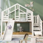 Lit superpos cabane avec toboggan & escalier rangement - certifi en 747 blanc 90x200 cm - scurit ...