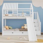 Lit superposé cabane avec toboggan - escalier rangement + tiroir - blanc 90x200cm - pin / mdf certifié ... Lit superposé cabane avec toboggan - escalier rangement + tiroir - blanc 90x200cm - pin / mdf certifié ...