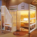 Lit superpos chteau 140x200 cm avec led lit mezzanine bois avec escalier de rangement espace bureau ...