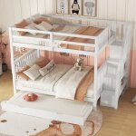 Lit superpos� enfant 140x200 cm avec lit � roulettes extractible cadre escalier barri�res hautes blanc ...