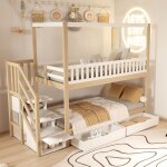 Lit superpos enfant 2 places avec tiroirs 90x200cm escalier et rangement garde - corps pour garon et ...