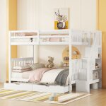 Lit superpos� enfant - 2x140x200 cm - 4 places - �tag�re en escalier - deux tiroirs - barri�res hautes ...