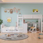 Lit superpos lit enfant 3 marches bureau 2 tiroirs barrire scurit tagre pin blanc 90x200cm - sans ...