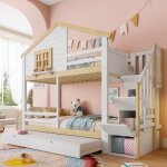 Lit superpos� enfant 3 places 90�200 cm lit cabane lit triple en bois avec lit gigogne �chelle de rangement ...