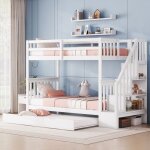 Lit superpos enfant 3 places 90x200cm lit triple bois avec lit gigogne balustrade escalier rangement ...