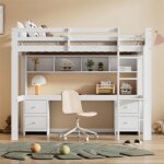 Lit superpos� enfant 90 x 200 cm blanc avec bureau rangements et escalier ? pin massif (sans matelas) ...