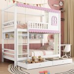 Lits superpos�s enfants 90 x 200 cm avec fen�tres et rideaux 2 sommiers � lattes �tag�re ouverte et deux ...