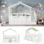 Lit superpos� enfant - 90x200 cm - blanc + vert - escalier avec rangement - barri�re de protection - ...