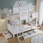 Lit superposé enfant 90x200 cm - avec bureau - avec 2 tiroirs - avec toit et fenêtres - bois massif + ... Lit superposé enfant 90x200 cm - avec bureau - avec 2 tiroirs - avec toit et fenêtres - bois massif + ...