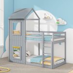 Lit superpos� enfant 90x200 cm echelle & barri�res de s�curit� bois de pin massif certifi� en747 gris ...
