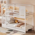 Lit superpos� enfant 90x200 cm avec fen�tres �chelle s�curis�e et tiroirs int�gr�s - bois massif blanc ...