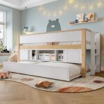Lit superposé enfant 90x200 cm avec lit gigogne rangements multiples et barrières de sécurité - blanc ... Lit superposé enfant 90x200 cm avec lit gigogne rangements multiples et barrières de sécurité - blanc ...