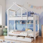Lit superpos enfant 90x200cm lit cabane lit simpe en bois avec tagres rangement 2 tiroirs barrires ...