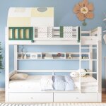 Lit superpos enfant 90x200cm lit cabane lit simple en bois avec tente 2 tagres 2 tiroirs et sommiers ...