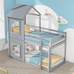 Lit superpos� enfant 90x200cm lit cabane au sol pour enfants avec �chelle et auvent bois massif gris ...
