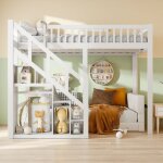 Lit superposé enfant 90x200cm lit surélevé avec escalier de rangement lit mezzanine avec barrière de ... Lit superposé enfant 90x200cm lit surélevé avec escalier de rangement lit mezzanine avec barrière de ...