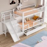 Lit superpos enfant 90x200cm avec toboggan escalier et tiroirs avec sommier  lattes bois massif - blanc ...