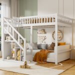 Lit superpos� enfants 90x200cm - adwolt - bois massif - blanc - lit mezzanine multifonctionnel avec escalier ...